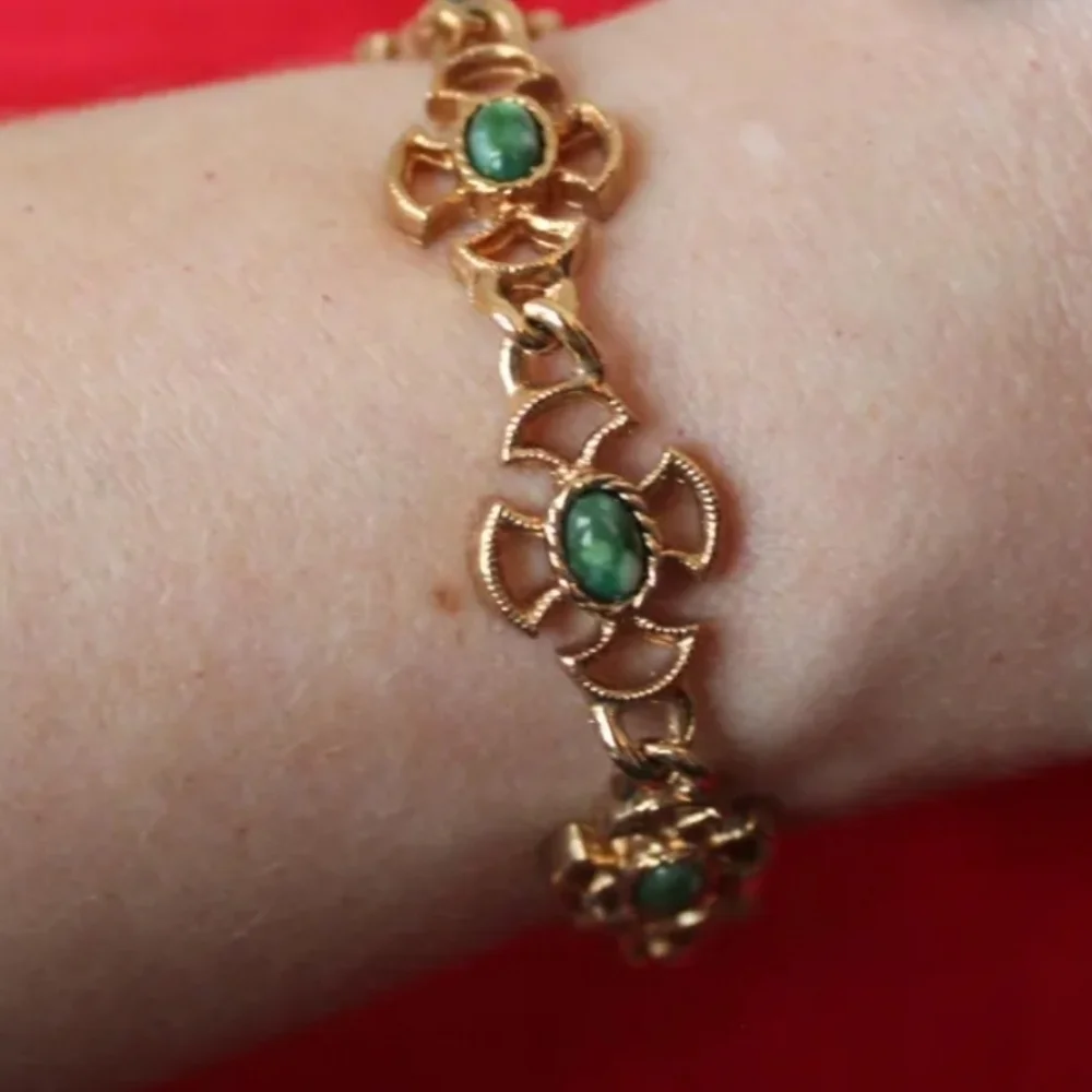 Vintage Avon 1973 Green Stone Faux Jade Bracelet, Baroness Cross